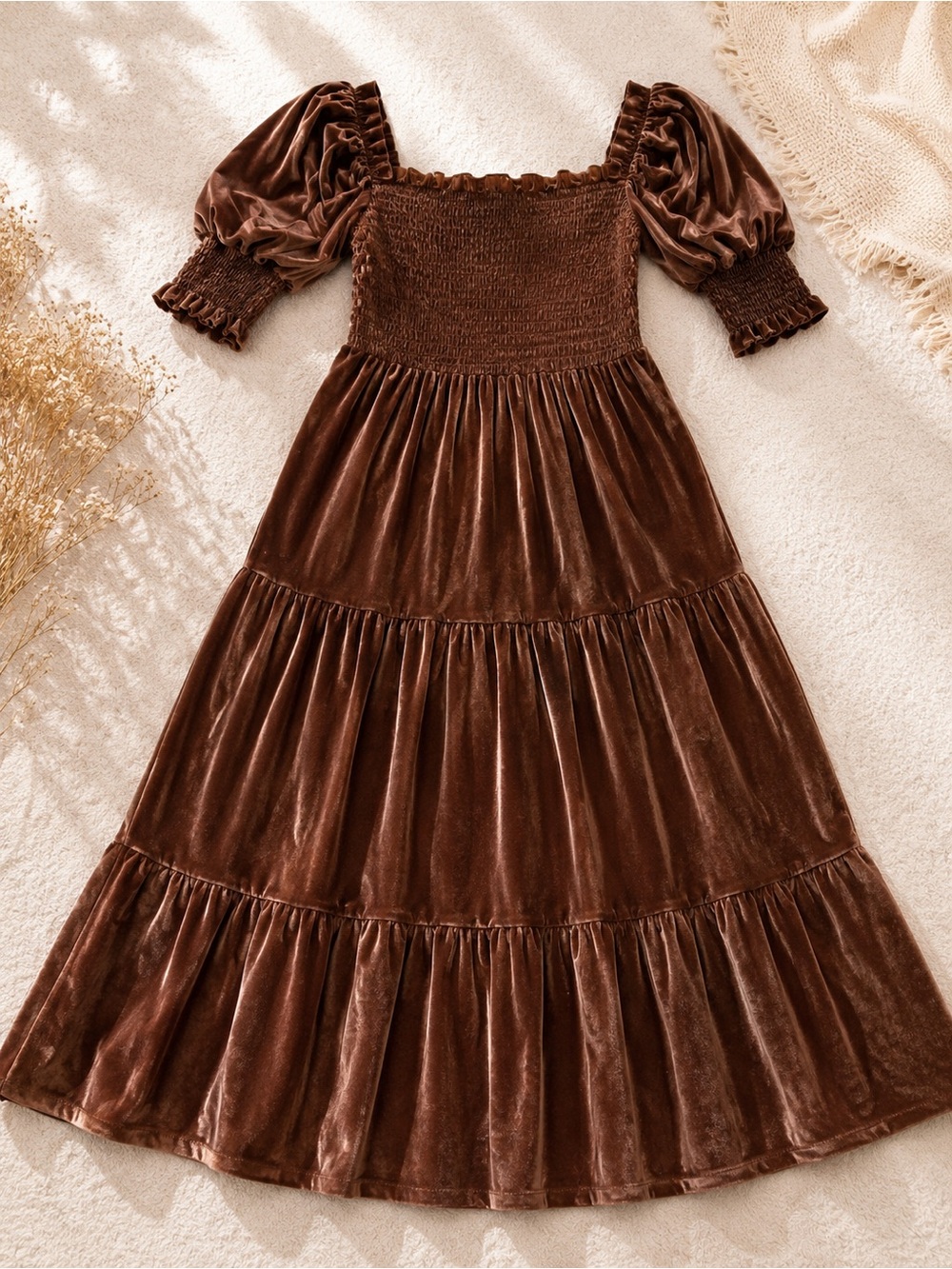 Smocked Velvet Maxi Dress in Chocolate Brown